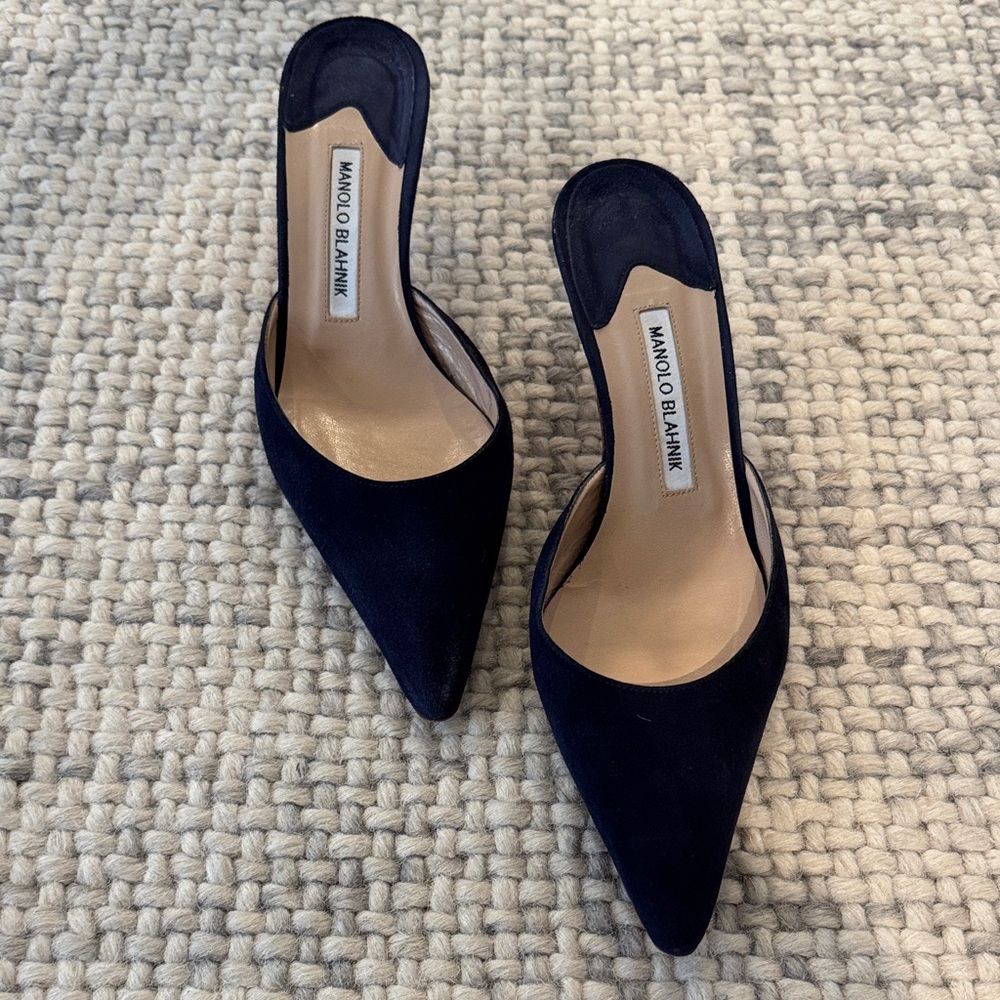 Manolo Blahnik Dark Blue Suede Mules